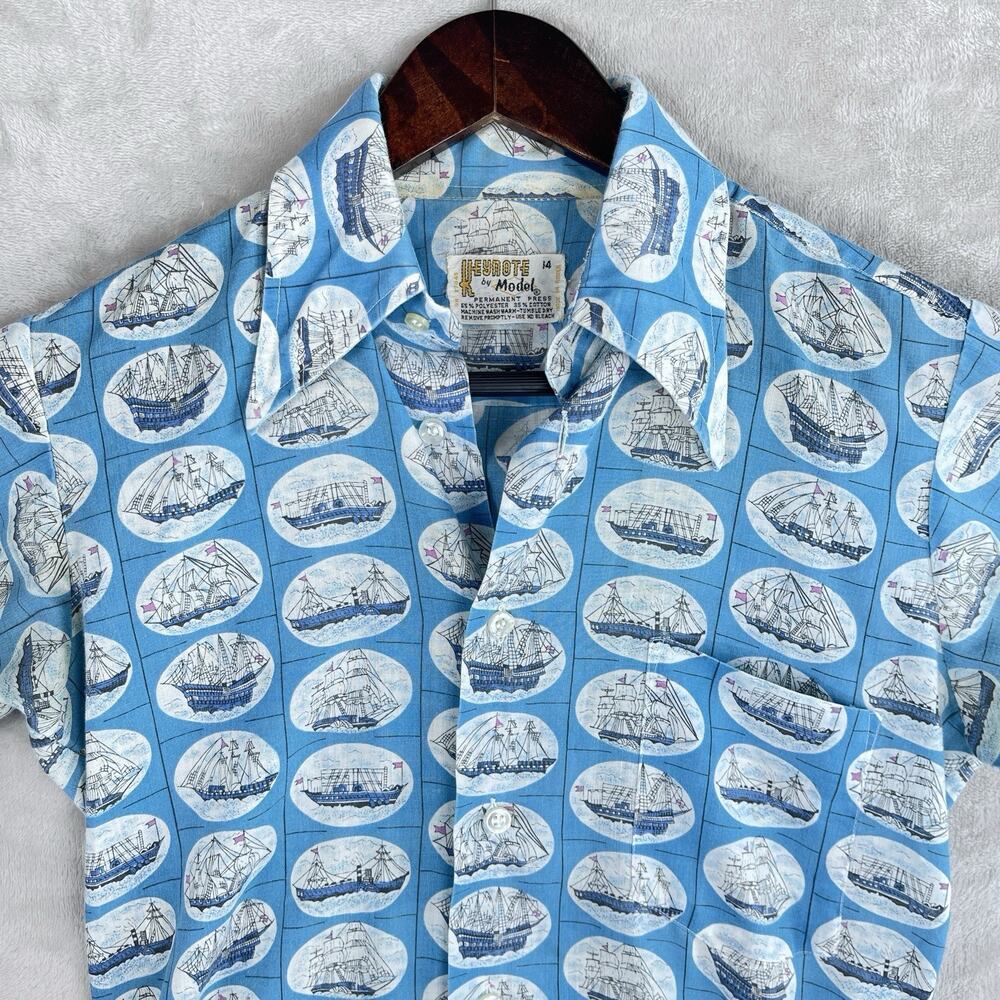 Vintage 70s Keynote By Model Men's Small Shirt Ship Nautical AOP Dagger Collar